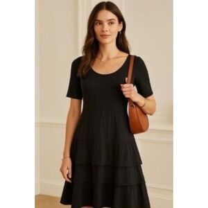 Hanna Andersson Womens Black Tiered Knit Midi Dress Short Sleeve Size Large